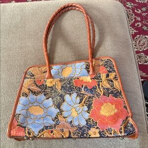 Patricia Nash Italian Leather Batik Floral Satchel Handbag Brown Trim Top (TD)